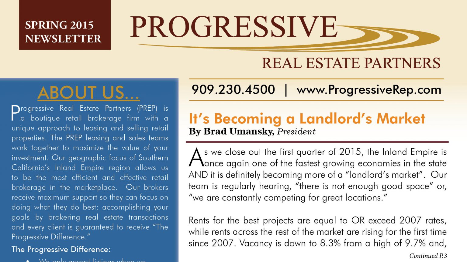 Newsletter — Spring 2015 Progressive Real Estate Partners 8649