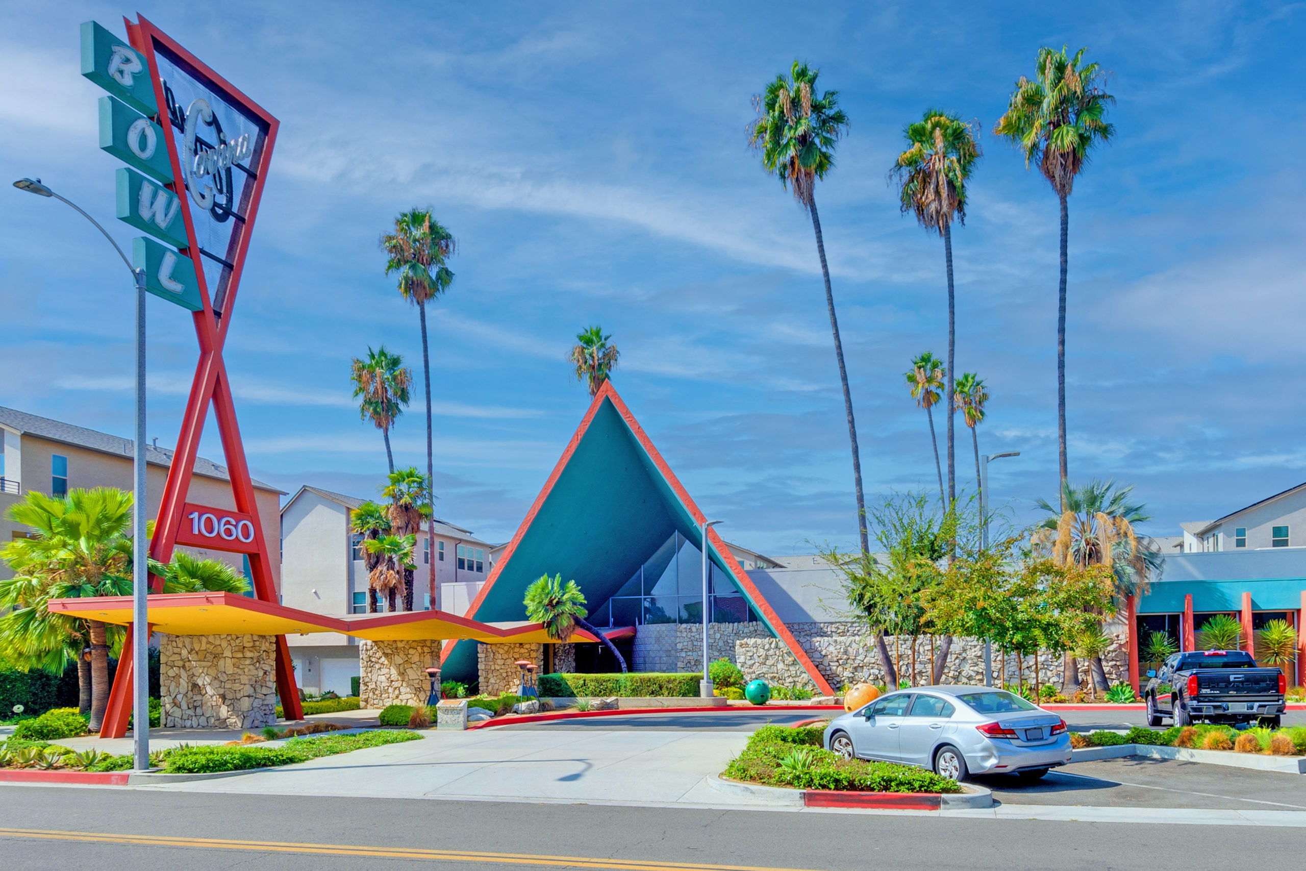 Covina Bowl Commercial Building with sign close up Iconic Covina Bowl Commercial Building in Covina, California Listed For Sale