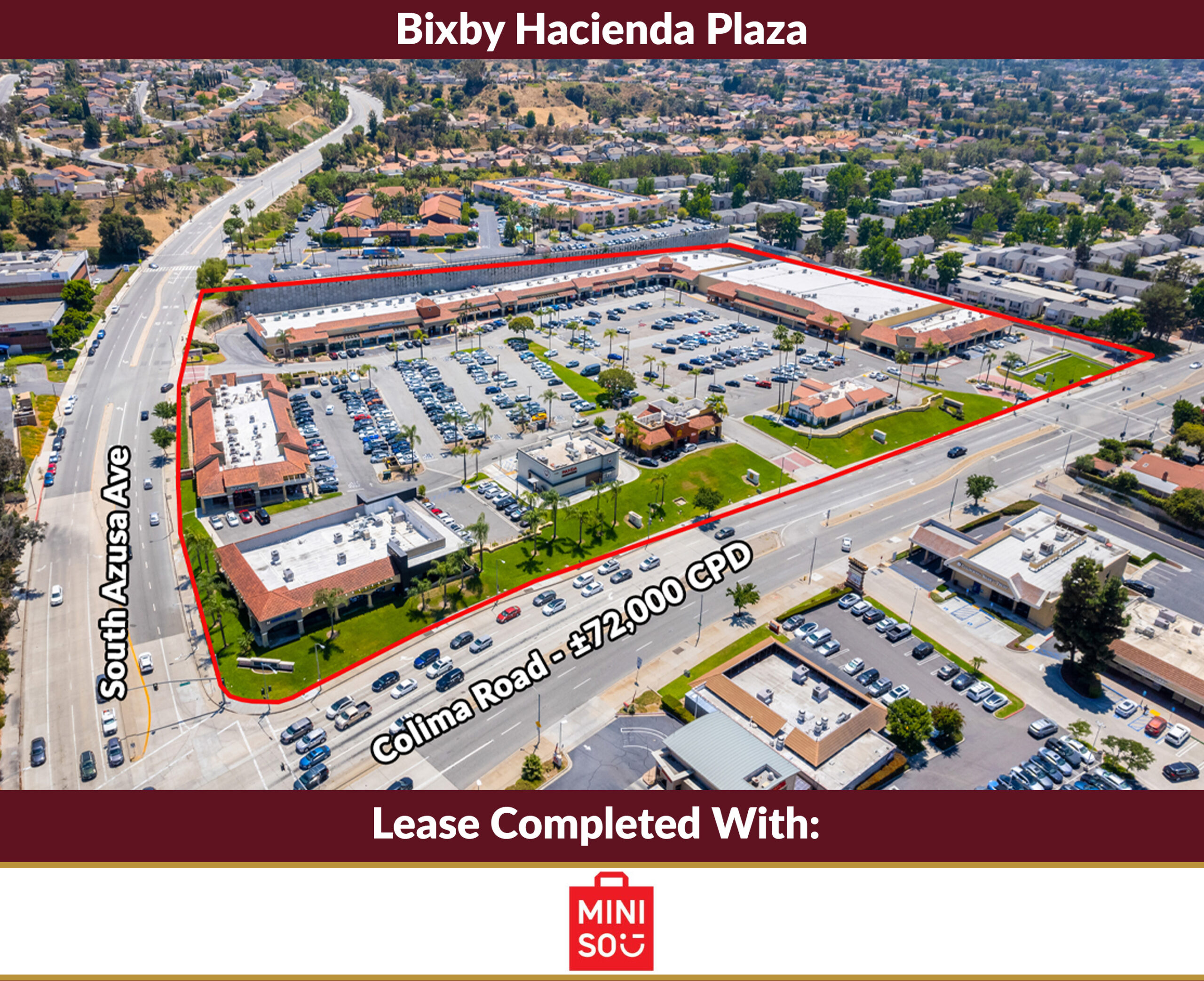 MINISO USA was a 5,930 SF retail lease at Bixby Hacienda Plaza, 17110–17188 Colima Rd, Hacienda Heights, CA, represented by Paul Su.