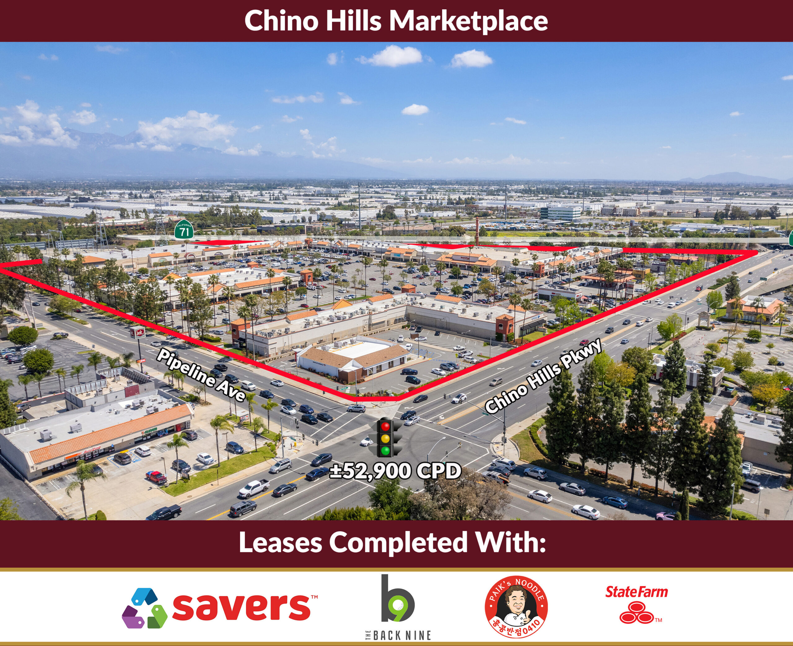 retail leases at Chino Hills Marketplace, 4200 Chino Hills Pkwy, Chino Hills, CA. Represented by Roxanne Klein and Paul Su.